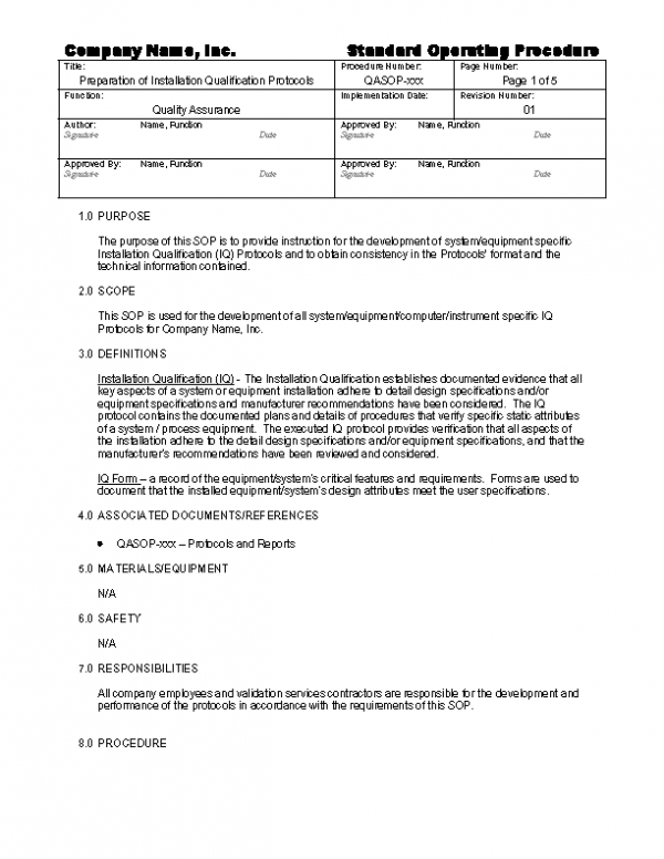 Creation of Installation Qualification Protocols